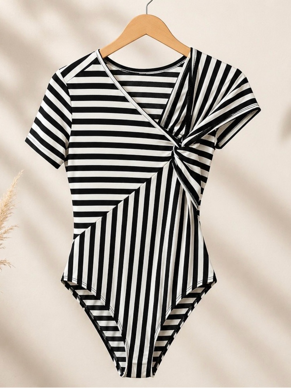 Black White Striped Wrap Bodysuit Women Small Stretchy Trendy Short Sleeve